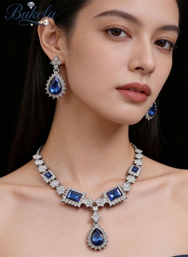 Bukela Blue Artificial Gemstone Necklace Earrings Set Banquet Collarbone Chain Bridal Accessory - Image 1